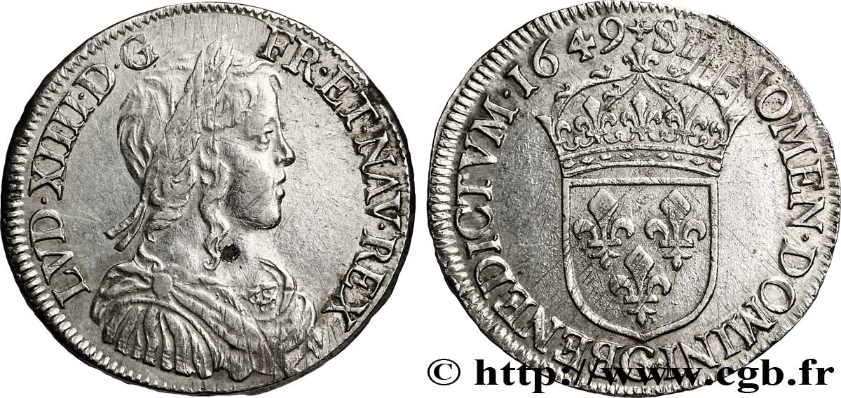 LOUIS XIV  THE SUN KING  Demi-écu à la mèche longue 1649 Poitiers AU/XF