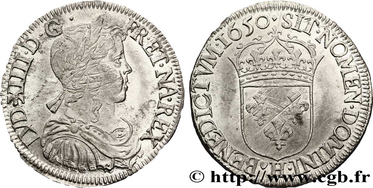 LOUIS XIV LE GRAND OU LE ROI SOLEIL Demi-écu à la mèche longue 1650 La Rochelle TTB+