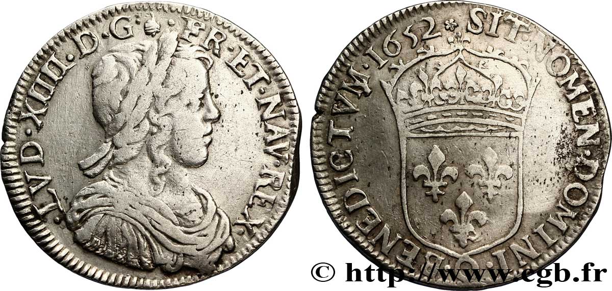 LOUIS XIV LE GRAND OU LE ROI SOLEIL Demi-écu à la mèche longue 1652 Riom TB+