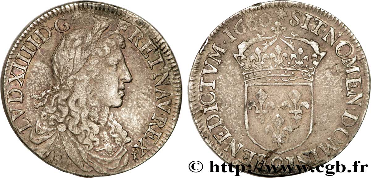 LOUIS XIV LE GRAND OU LE ROI SOLEIL Demi-écu au buste juvénile, 1er type 1660 Rennes TB+/TTB