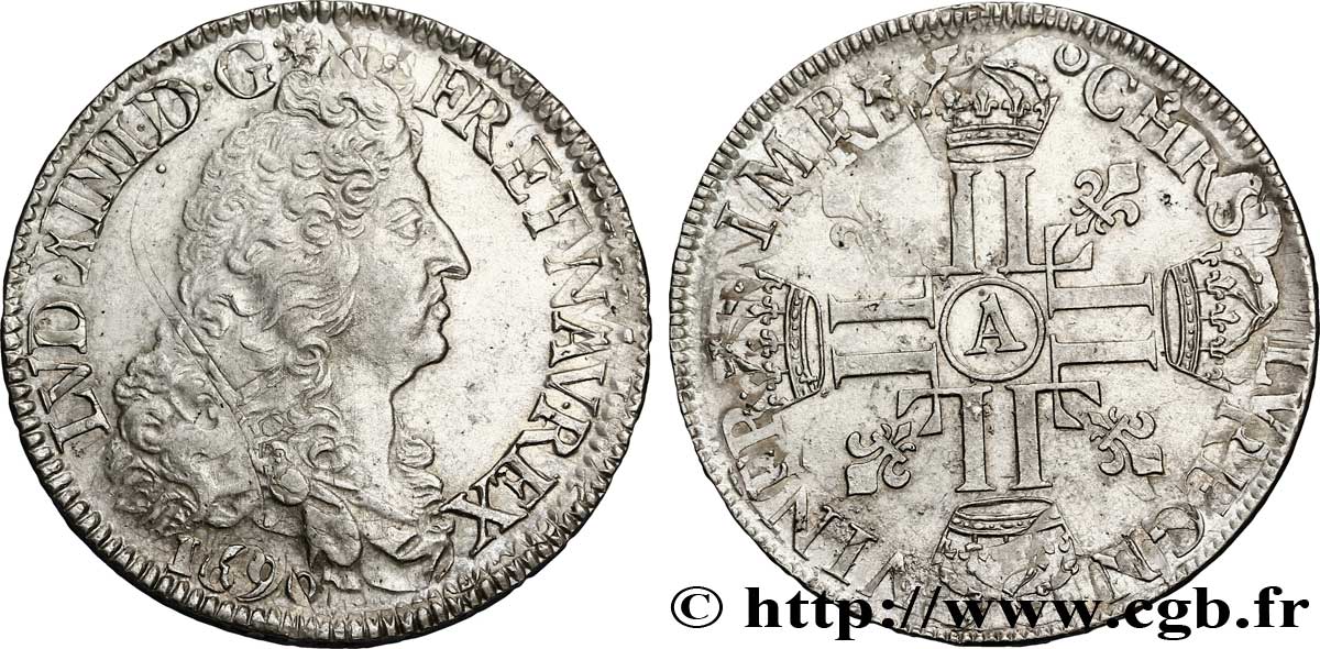 LOUIS XIV LE GRAND OU LE ROI SOLEIL Écu aux huit L, 1er type 1690 Paris TTB+