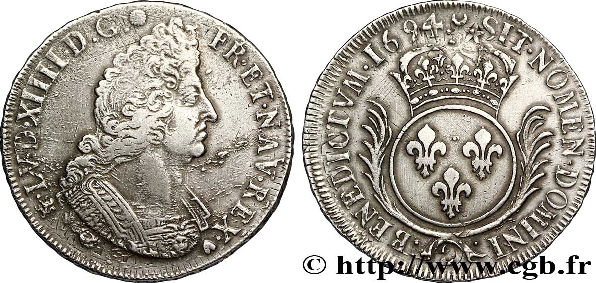 LOUIS XIV LE GRAND OU LE ROI SOLEIL Écu aux palmes 1694 Rennes TTB/TTB+