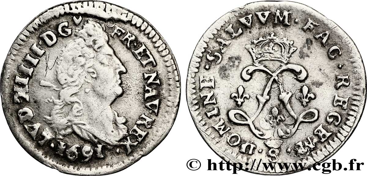 LOUIS XIV LE GRAND OU LE ROI SOLEIL Quadruple sol aux deux L 1691 Troyes TTB