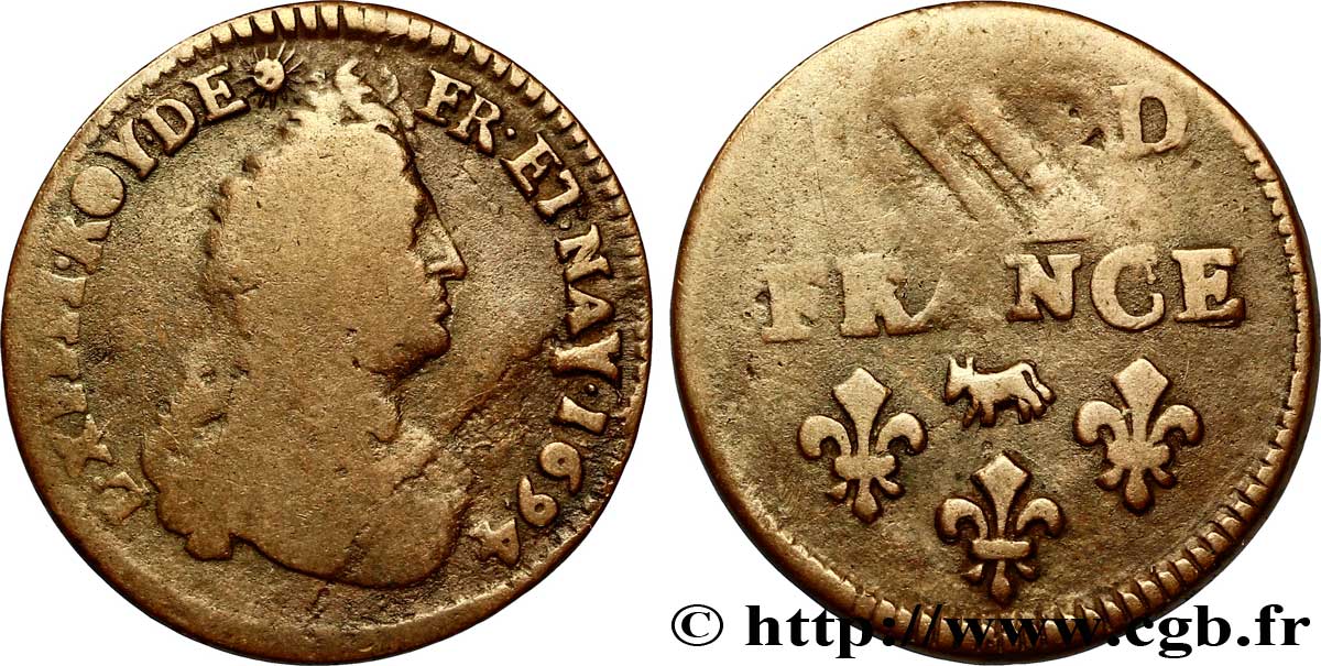 LOUIS XIV LE GRAND OU LE ROI SOLEIL Liard, 3e type, buste âgé 1694 Pau TB+
