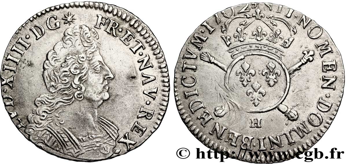 LOUIS XIV  THE SUN KING  Demi-écu aux insignes 1702 La Rochelle AU/XF