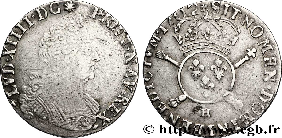 LOUIS XIV LE GRAND OU LE ROI SOLEIL Demi-écu aux insignes 1702 La Rochelle TB+/TTB