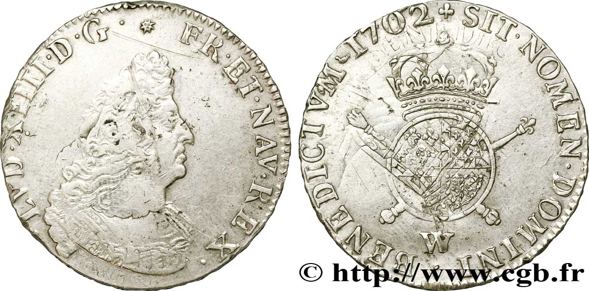 LOUIS XIV LE GRAND OU LE ROI SOLEIL Demi-écu de Flandre aux insignes, 1er type 1702 Lille TTB/TTB+