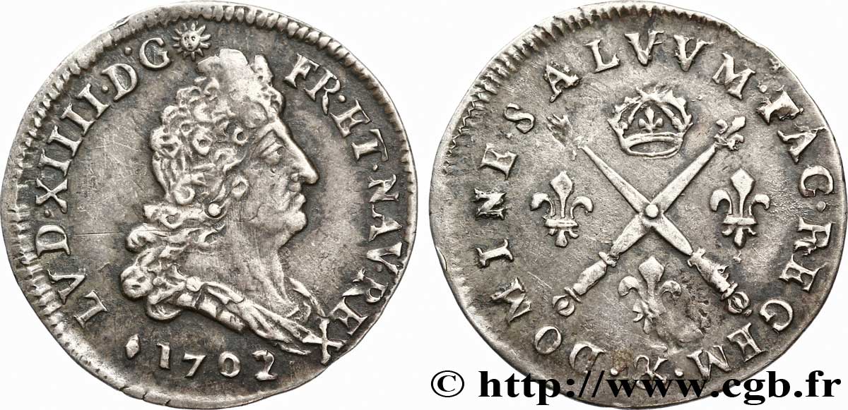 LOUIS XIV LE GRAND OU LE ROI SOLEIL Cinq sols aux insignes 1702 Aix-en-Provence SUP