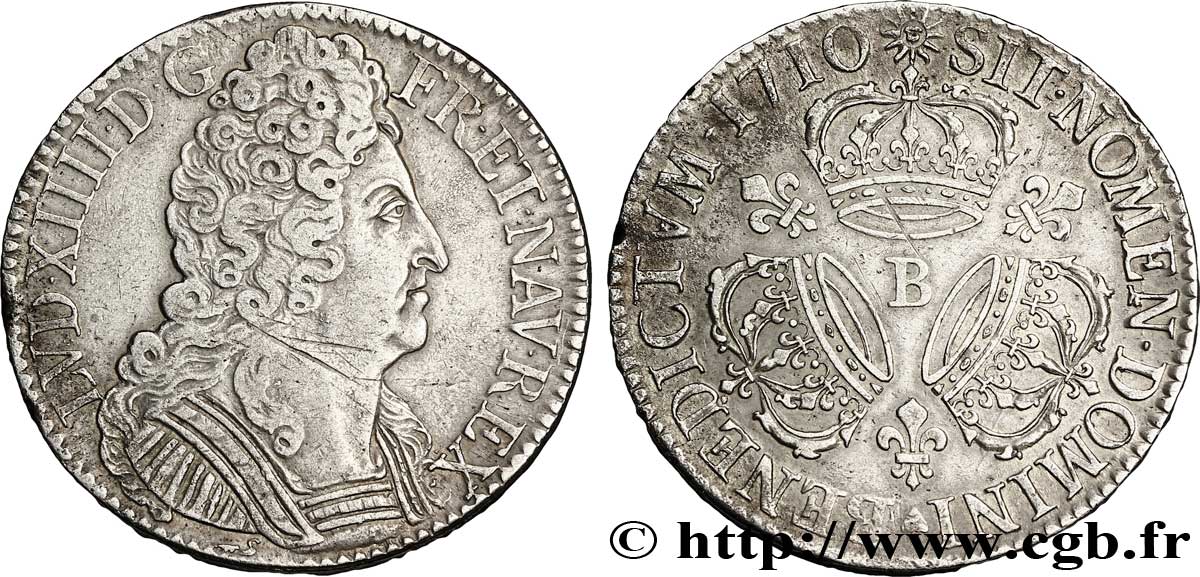LOUIS XIV  THE SUN KING  Écu aux trois couronnes 1710 Rouen BC+/MBC