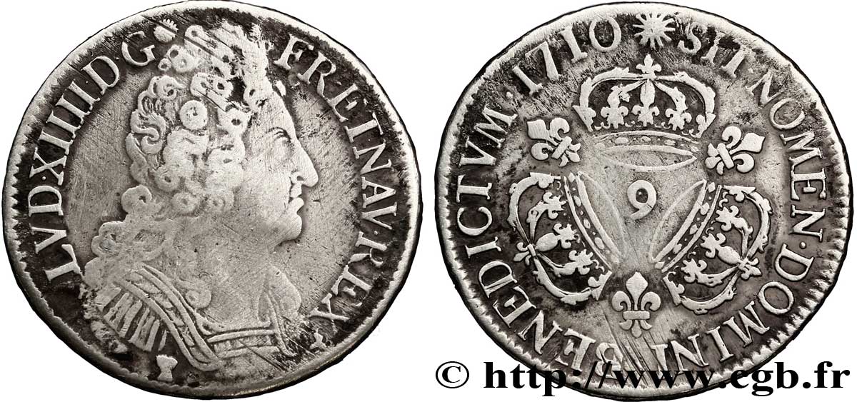 LOUIS XIV  THE SUN KING  Écu aux trois couronnes 1710 Rennes VF