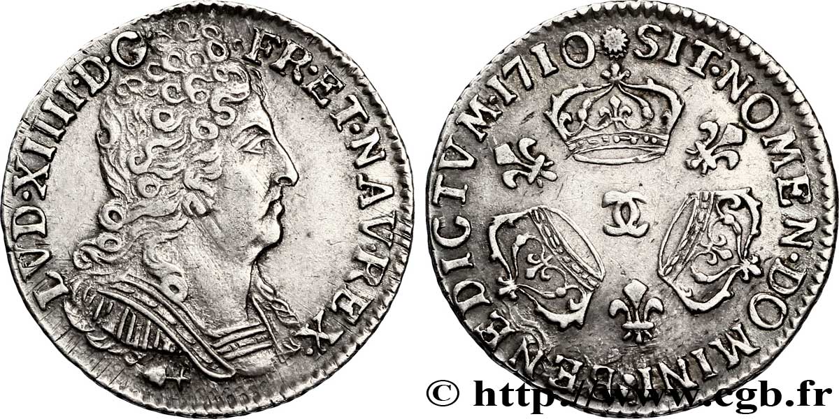 LOUIS XIV LE GRAND OU LE ROI SOLEIL Dixième d écu aux trois couronnes 1710 Besançon SUP