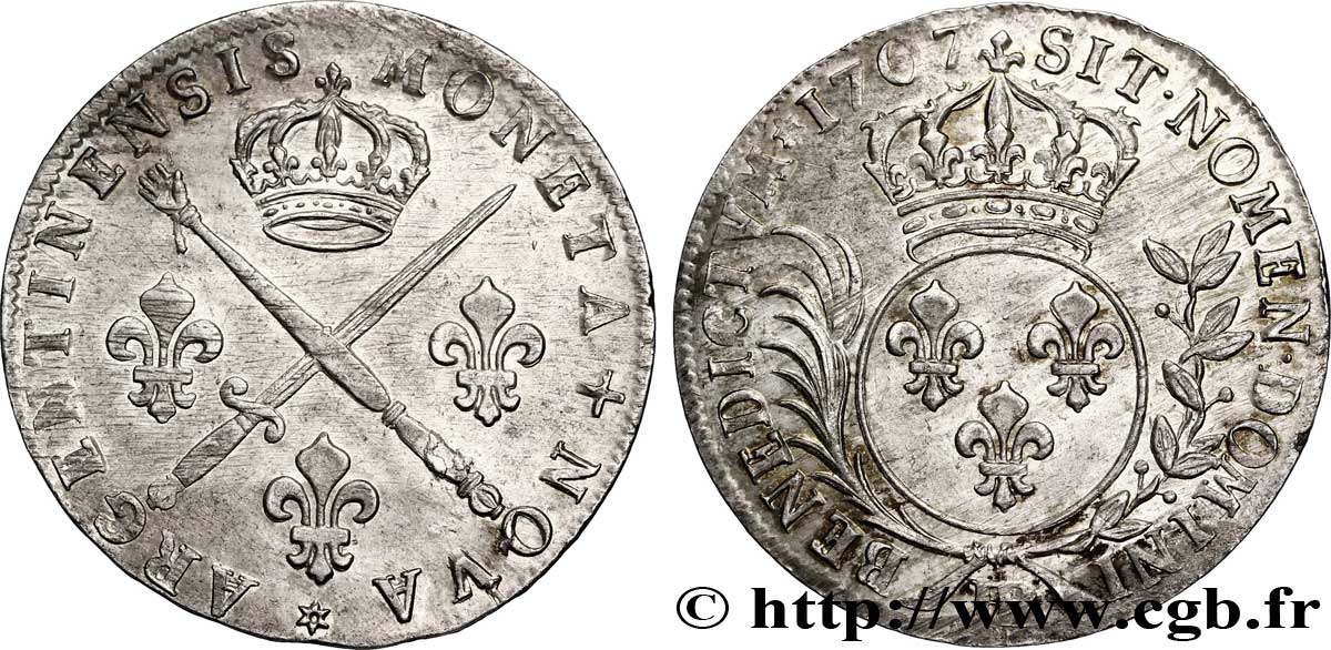LOUIS XIV  THE SUN KING  Trente-trois sols aux insignes 1707 Strasbourg MBC+/EBC