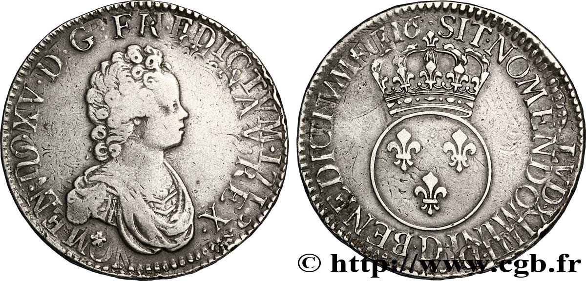 LOUIS XV  THE WELL-BELOVED  Écu dit  vertugadin  1716 Lyon VF/XF