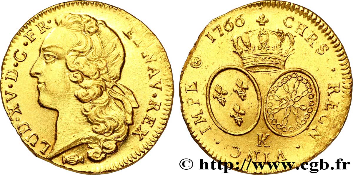 LOUIS XV DIT LE BIEN AIMÉ Double louis d’or aux écus ovales, tête ceinte d’un bandeau 1766 Bordeaux SUP