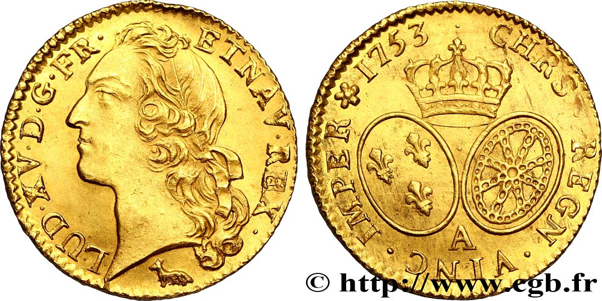 LOUIS XV DIT LE BIEN AIMÉ Louis d’or aux écus ovales, tête ceinte d’un bandeau 1753 Paris SPL