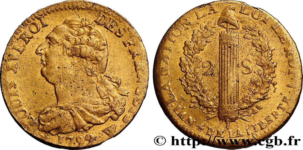 LOUIS XVI (MONARQUE CONSTITUTIONNEL)  2 sols dit  au faisceau , type FRANÇOIS 1792 Lille TTB+