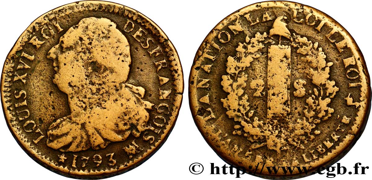 LOUIS XVI 2 sols dit  au faisceau , type FRANÇOIS 1793 Marseille S/fS