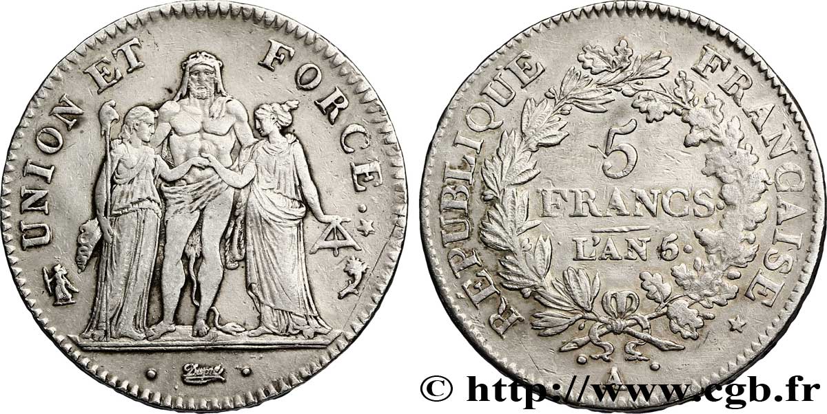 5 francs Union et Force, Union desserré, seulement gland extérieur 1797 Paris F.291/10 TTB 