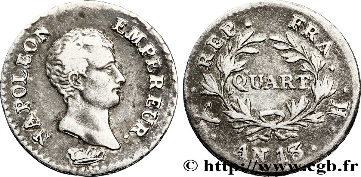 Quart (de franc) Napoléon Empereur, Calendrier révolutionnaire 1805 Bordeaux F.158/12 TB 