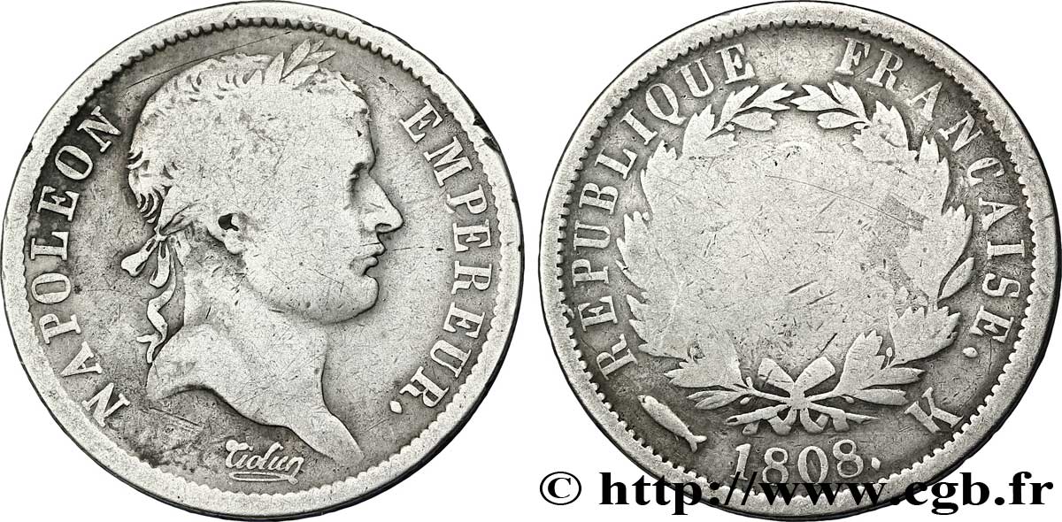 2 francs Napoléon Ier tête laurée, République française 1808 Bordeaux F.254/7 B 
