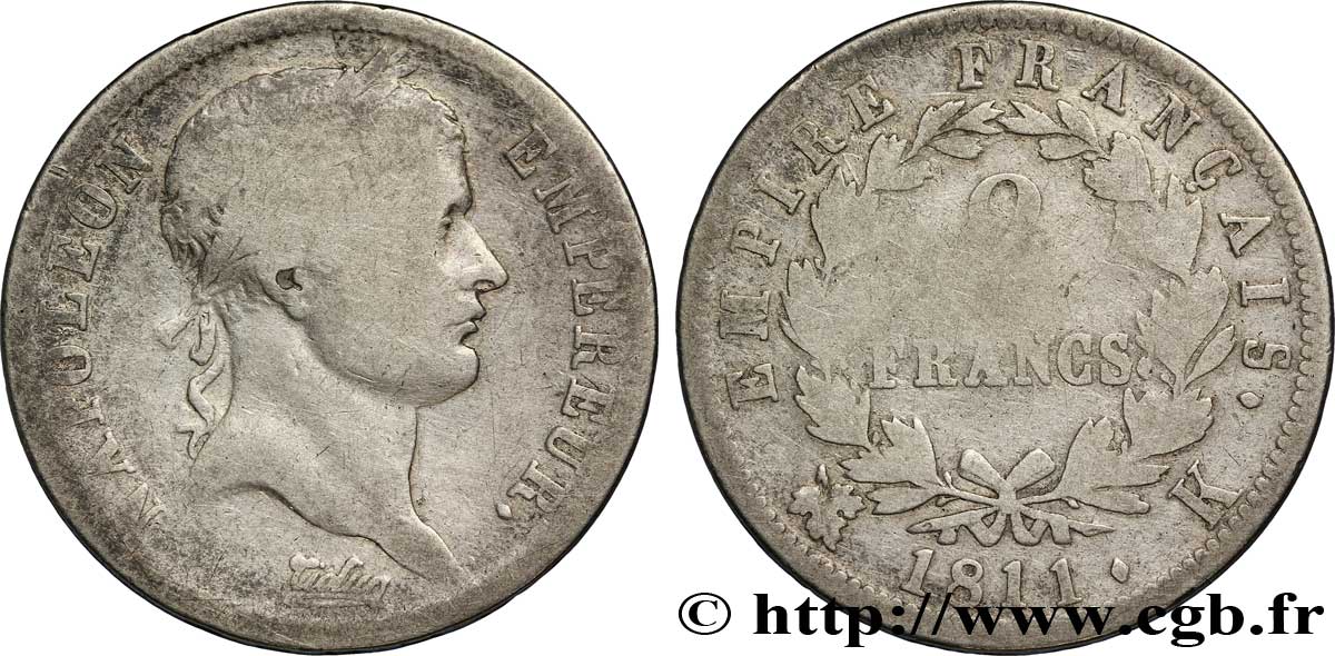 2 francs Napoléon Ier tête laurée, Empire français 1811 Bordeaux F.255/30 RC 