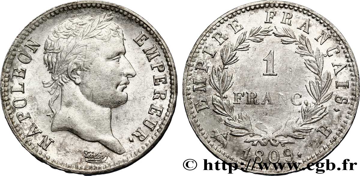 1 franc Napoléon Ier tête laurée, Empire français 1809 Rouen F.205/2 TTB 