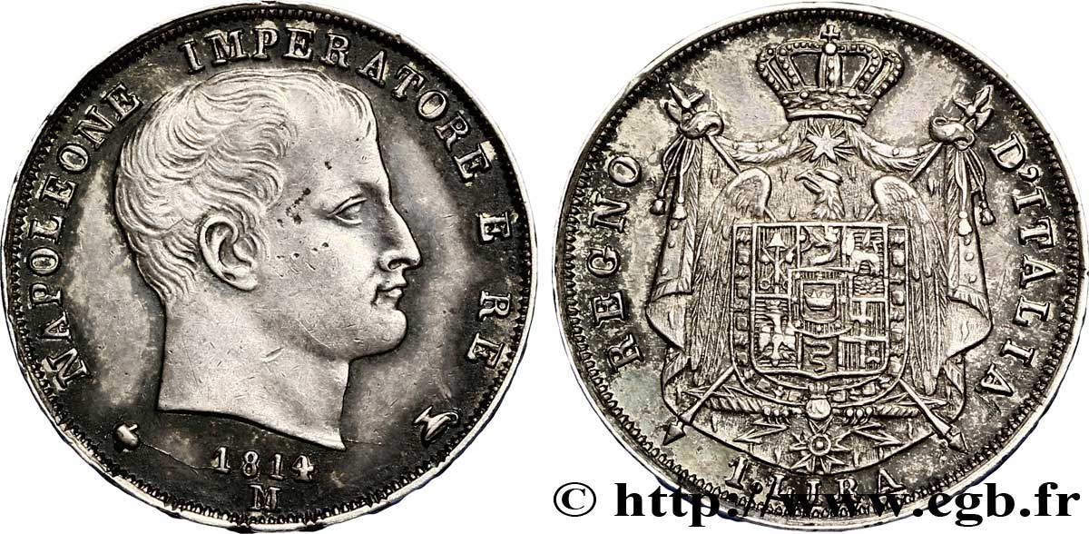 1 lira Napoléon Empereur et Roi d’Italie, étoiles en creux sur la tranche 1814 Milan M.264  MBC 
