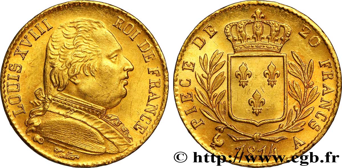 20 francs or Louis XVIII, buste habillé 1814 Paris F.517/1 fST 