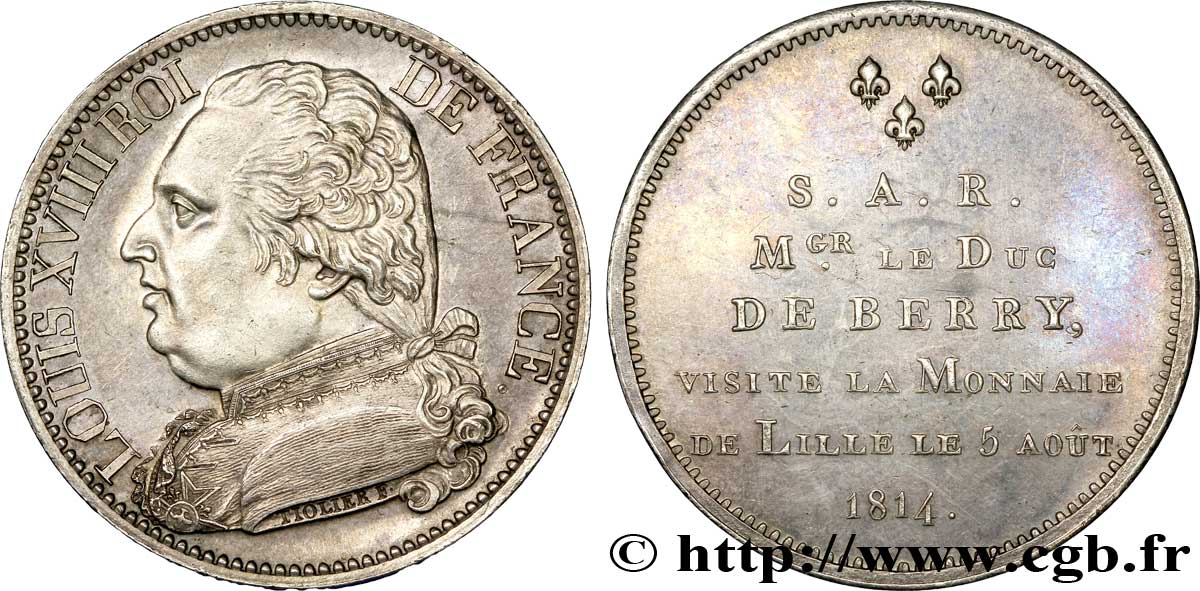 Monnaie de visite, module de 5 francs, pour le duc de Berry à la Monnaie de Lille 1814  VG.2371  SC 