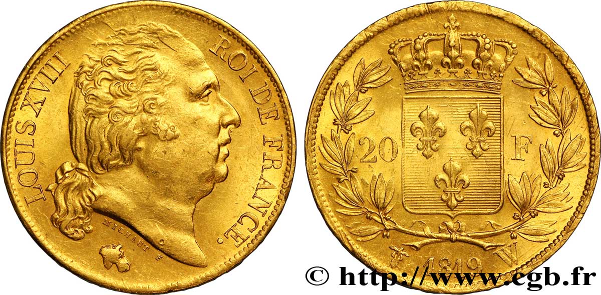 20 francs or Louis XVIII, tête nue 1819 Lille F.519/18 SPL 