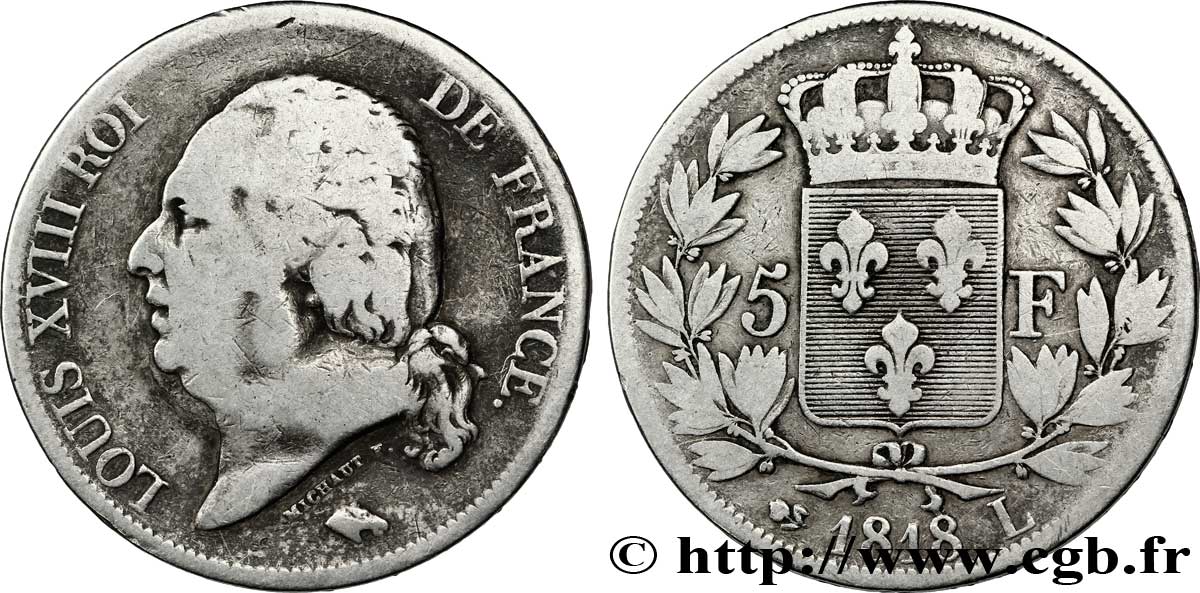 5 francs Louis XVIII, tête nue 1818 Bayonne F.309/34 TB 