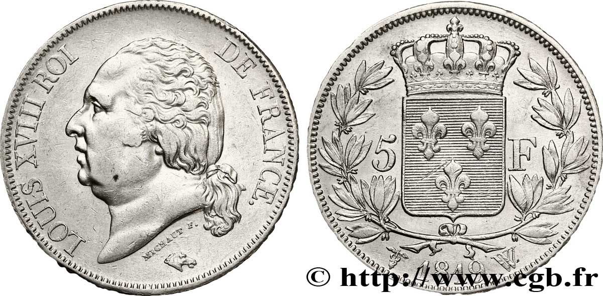 5 francs Louis XVIII, tête nue 1819 Lille F.309/48 XF 