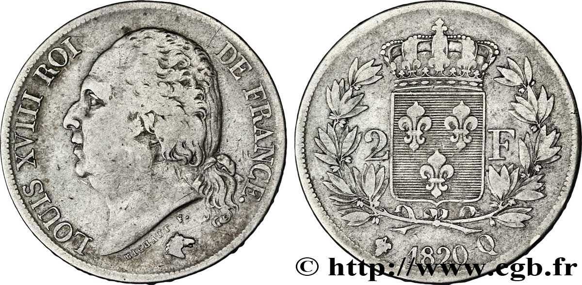 2 francs Louis XVIII 1820 Perpignan F.257/31 VF 