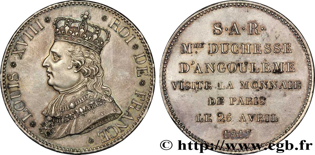 Monnaie de visite, module de 5 francs, pour la duchesse d’Angoulême à la Monnaie de Paris 1817  VG.2495  SPL 