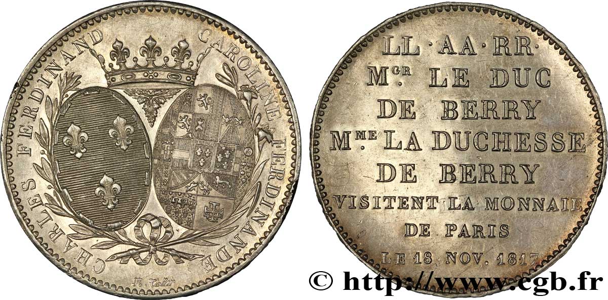 Monnaie de visite, module de 5 francs, pour le duc et la duchesse de Berry à la Monnaie de Paris 1817  VG.2500  SUP 
