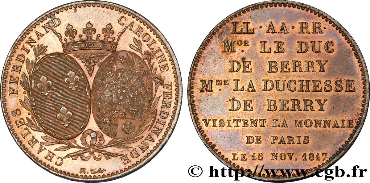 Monnaie de visite, module de 5 francs, pour le duc et la duchesse de Berry à la Monnaie de Paris 1817  VG.2500  var. SUP 