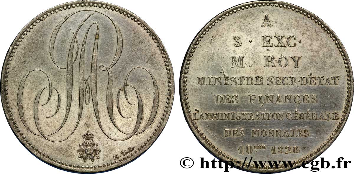 Pièce de plaisir, module de 5 francs, pour le ministre secrétaire d’État M. Roy 1820  Maz.795 a var. AU 