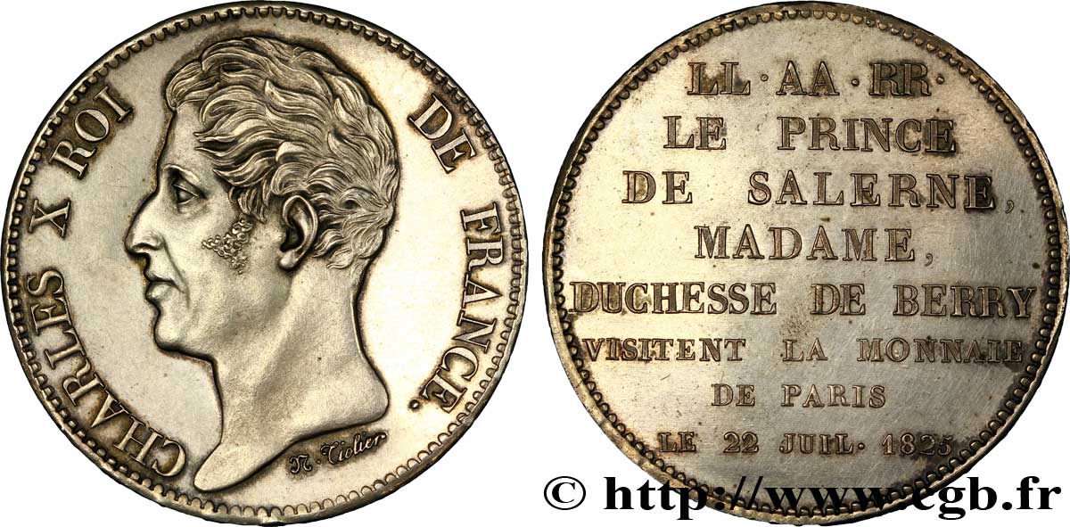 Monnaie de visite, module de 5 francs, pour le prince de Salerne et la duchesse de Berry à la Monnaie de Paris 1825  VG.2629   fVZ 