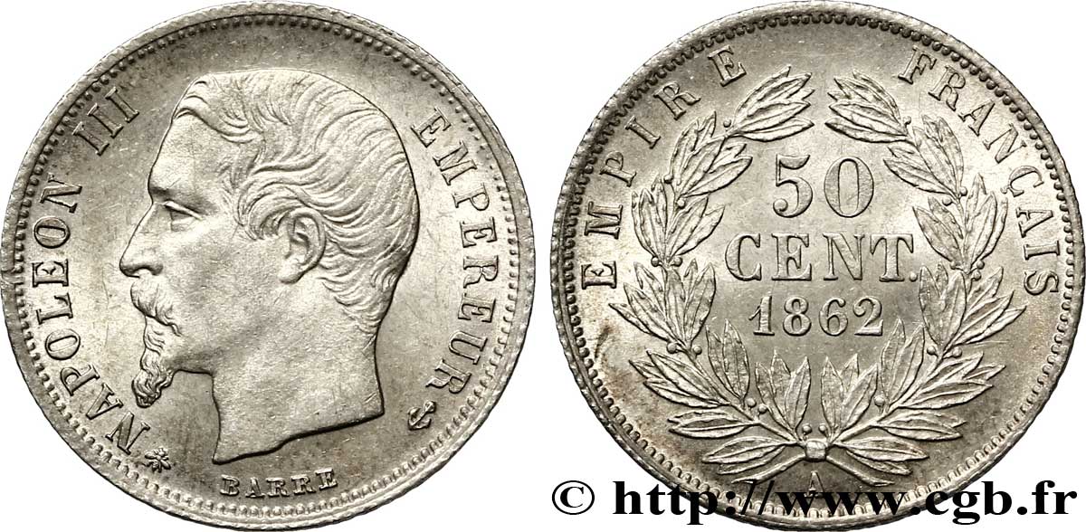 50 centimes Napoléon III, tête nue 1862 Paris F.187/16 EBC 
