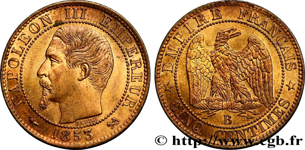 Cinq centimes Napoléon III, tête nue 1853 Rouen F.116/2 SC 