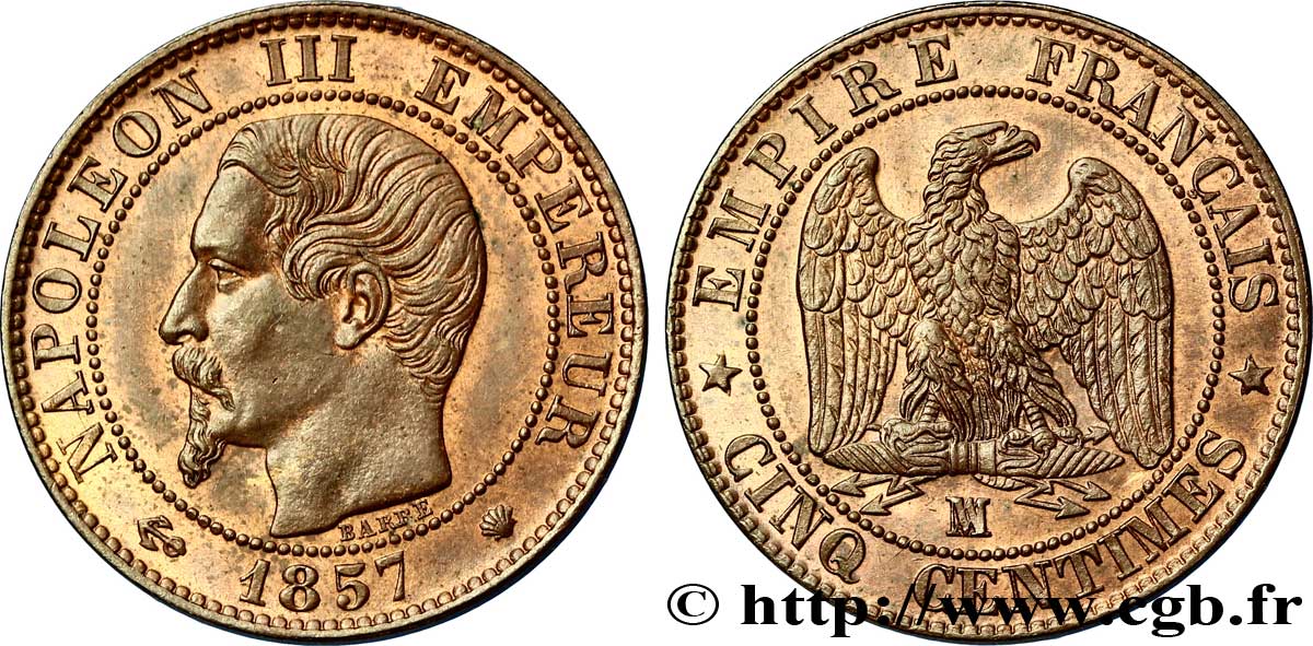 Cinq centimes Napoléon III, tête nue 1857 Marseille F.116/42 SUP 