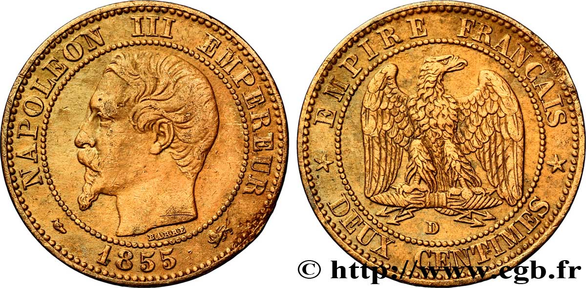 Deux centimes Napoléon III, tête nue 1855 Lyon F.107/29 BB 