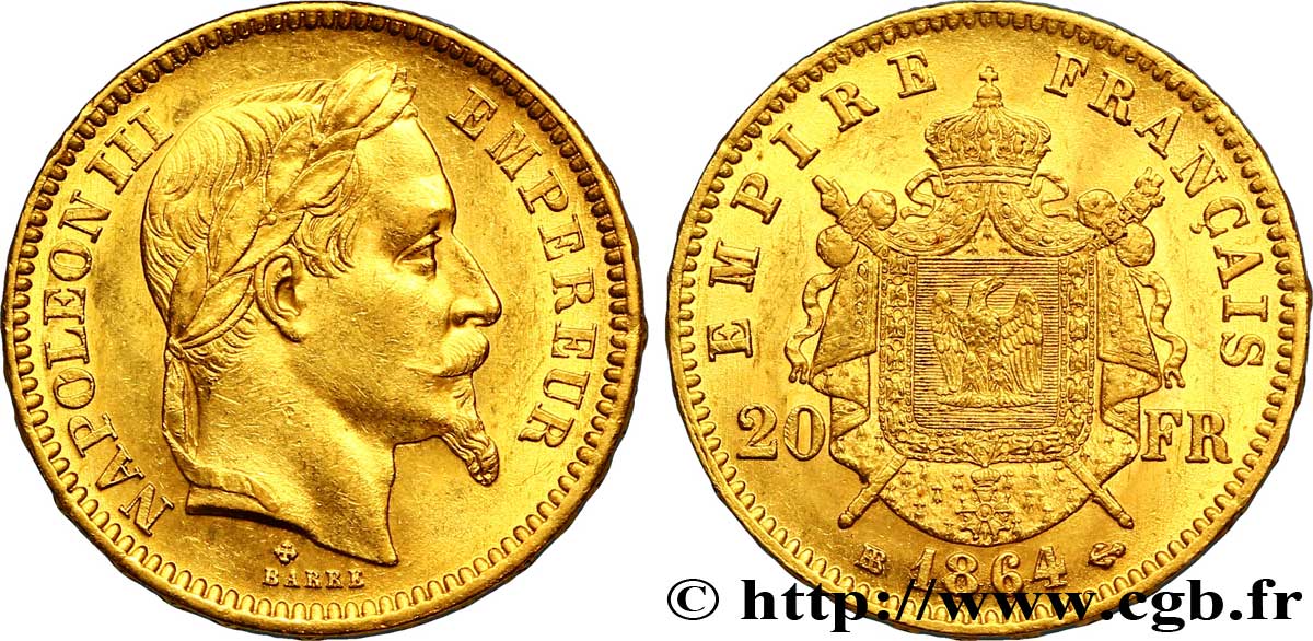 20 francs or Napoléon III, tête laurée 1864 Strasbourg F.532/9 SUP 