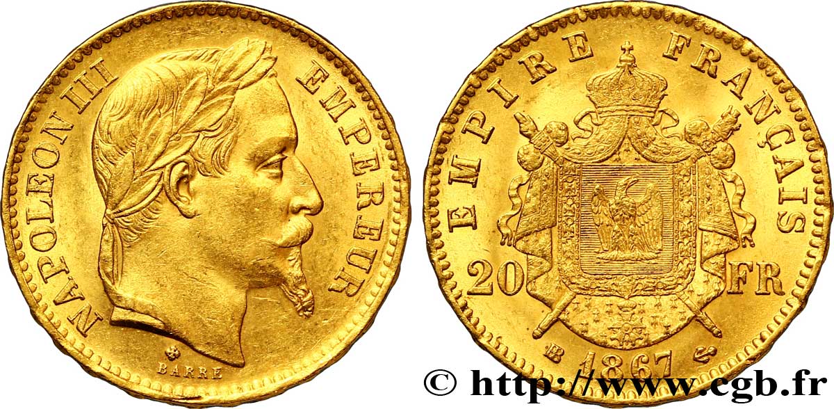 20 francs or Napoléon III, tête laurée 1867 Strasbourg F.532/16 SUP 