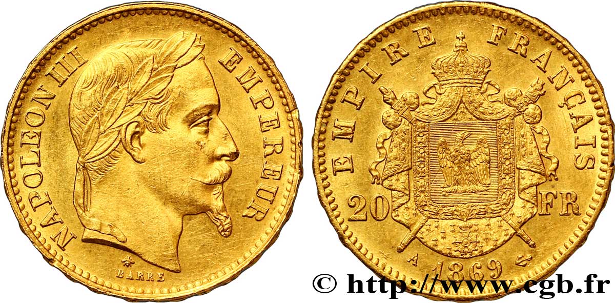 20 francs or Napoléon III, tête laurée 1869 Paris F.532/20 VZ 