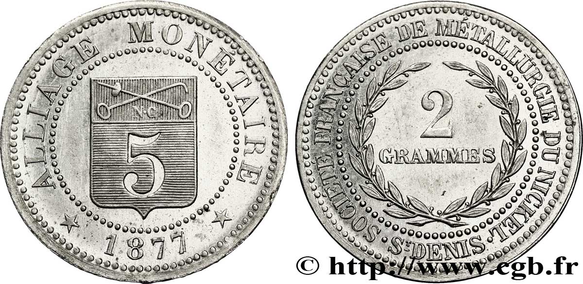 Essai d’alliage de 5 centimes 1877  VG.3898  SUP 