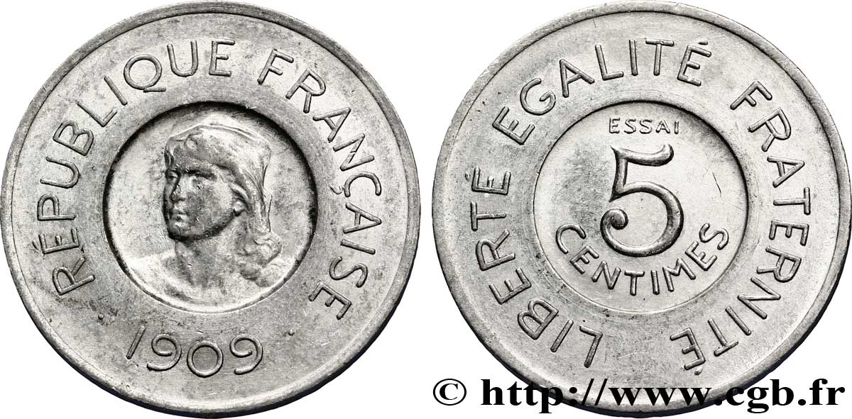 Essai de 5 centimes par Rude, module de 21 mm 1909 Paris VG.4639 var. AU 