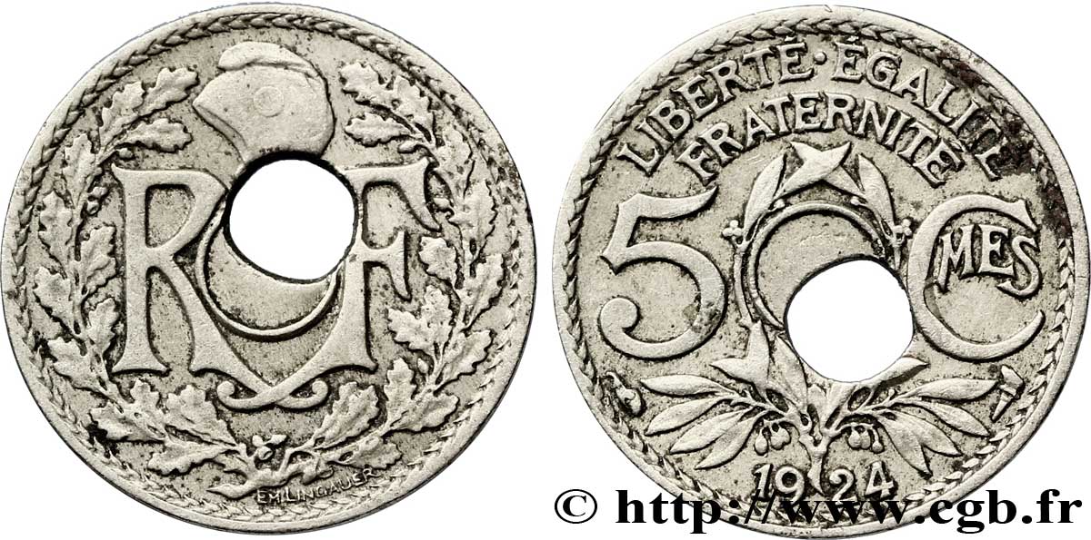 5 centimes Lindauer, petit module, perforation décentrée 1924  F.122/8 var. TTB 