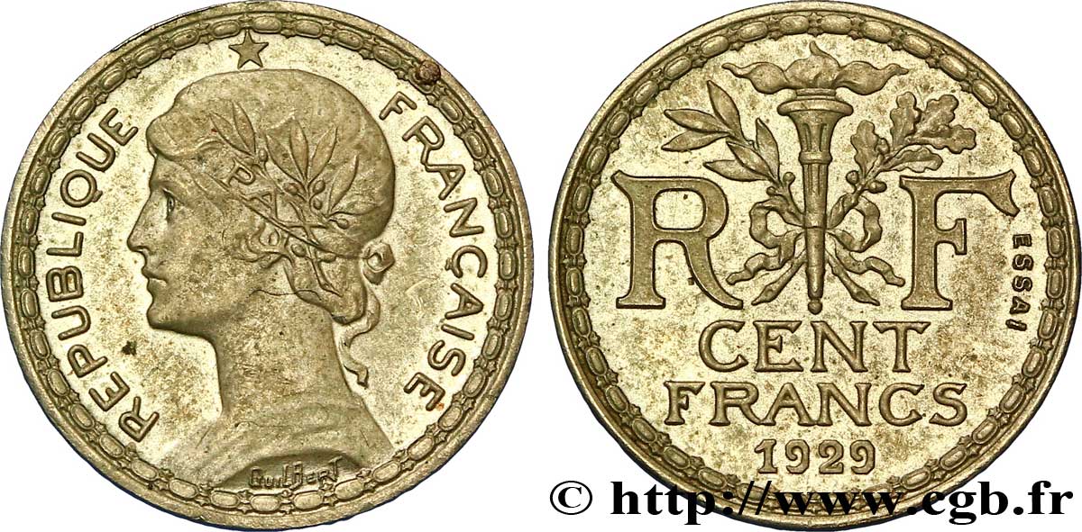 Concours de 100 francs, essai de Guilbert, petit module en maillechort 1929  VG.5219 var. SUP 