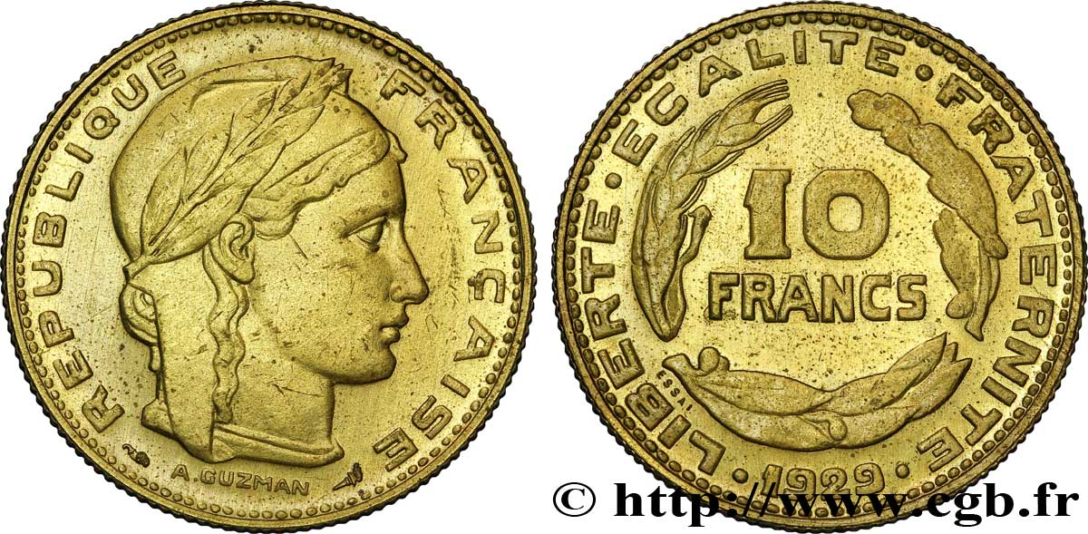 Concours de 10 francs, essai de Guzman en bronze-aluminium 1929  VG.5229 var. SUP 
